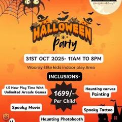 Get ready for a spooky good time. This poster details our Halloween Party, which includes unlimited arcade games, a spooky movie, haunting canvas painting, and more.