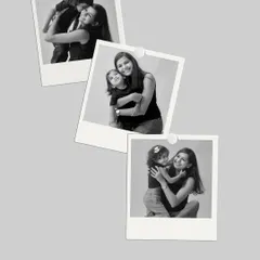 A beautiful collage of three black and white polaroid-style photos capturing the loving and playful hugs between a mother and her daughter.
