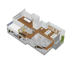 An isometric 3D model of our office, showing the multi-level layout with different zones for workstations, meetings, and informal discussions. We use these models to refine the flow and functionality of a space.