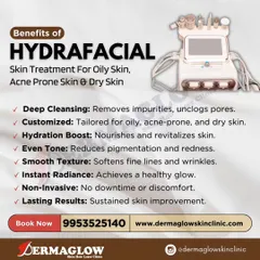 This infographic details the comprehensive benefits of our HydraFacial. It is a non-invasive treatment customized for oily, acne-prone, or dry skin, providing deep cleansing, a hydration boost, and an instant radiant finish with lasting results.