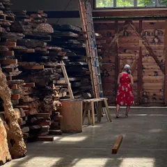 Exploring the wood storage building at the Nakashima studio. Being surrounded by these massive, raw slabs of wood, each with its own history and potential, is a deeply humbling and inspiring experience.