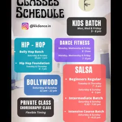 Another look at our comprehensive schedule, highlighting the variety of classes we offer. Find details for the Kids Batch, Hip Hop, Bollywood, and Salsa, along with our contact information for easy registration.