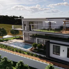 An alternate view of the Snow Villa, highlighting its multi-level terraces and integration with the landscape. The design includes spacious balconies and a rooftop area, offering various outdoor living options for enjoying the local climate.