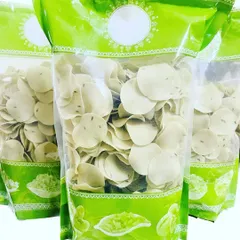 I also have these small, coin-sized rice papads. This is the Jeera flavor, which is mildly spiced and very addictive. They are easy to fry and make a great snack for parties or tea time.