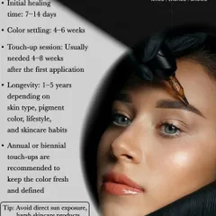 Here is a timeline for your PMU journey. Initial healing takes 7-14 days, with the true color settling in after 4-6 weeks. A touch-up session is usually needed to perfect the result.