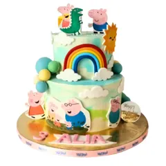 A fun and colorful two-tier cake for a Peppa Pig themed party. All the favorite characters are here, along with a bright rainbow and cheerful details to make any toddler's birthday extra special.