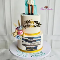 Goodbye tension, hello pension. This two-tier retirement cake celebrates a long career, featuring an edible photo of the workplace and a custom fondant figure ready to relax.