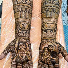 A heartwarming baby shower design for expecting parents. It features a portrait of the family-to-be, "Mom to be" and "Dad to be" messages, and a beautiful depiction of baby Krishna.