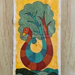 A full view of the hand-painted peacock pair, designed to be sandwiched in glass for a door. The composition shows the two birds intertwined under a tree, filled with detailed patterns and vibrant, intuitive color choices.