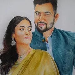 A beautiful A3 color portrait of a couple. Using color pencils allows me to capture the tones of their outfits and the warmth in their expressions, making it a vibrant piece.