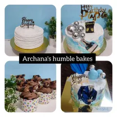 A collage showcasing some of my recent birthday orders. You can see a variety of designs, from a simple and elegant white cake to themed cakes for 'Papa' and a stylish suit cake, along with matching chocolate cupcakes.
