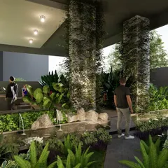 We designed this basement-level zen garden for the Marian Park apartment complex. It features a tranquil water body with small fountains, a yoga deck, and an elderly corner for quiet reflection, all surrounded by lush, green foliage.
