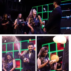 A collage of moments from a reception party, including the bride's joyful dance, a champagne celebration, and the couple sharing a fun moment on stage.