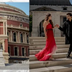 A collage that combines a view of the iconic building with a candid shot of the couple walking down the steps, hand-in-hand. It tells a story of a romantic day out in the city.