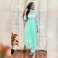 A closer look at the mint green embroidered Anarkali. The soft pastel color and intricate threadwork make it a beautiful and unique choice for any festival.