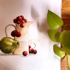 This delicate watercolor still life, created by a student in our professional painting class, demonstrates a mastery of transparency and light. The composition beautifully balances the forms of the fruit and pitcher.