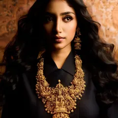 A powerful portrait for a jewellery campaign. The lighting is modeled after old paintings to create a dramatic, timeless feel that highlights the exquisite detail of the traditional gold necklace.