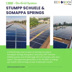 A 1000.08 kWp on-grid solar project for Stumpp Schuele & Somappa Springs in Bangalore. This massive system, featuring 1,852 Waaree panels, is designed to generate 90-110 MWh of energy per month, resulting in savings of over 8 lakhs monthly.