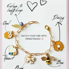 This custom bracelet was designed for a little girl named Tanya. It features a daisy for her smile, a bee for her energy, an owl for wisdom, a heart, a bow for innocence, and an evil eye for protection, all on one chain.