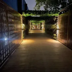 We designed this enchanting walkway for a commercial venue. The path is lined with illuminated, laser-cut metal screens and topped with a canopy of green vines, creating a magical entrance.