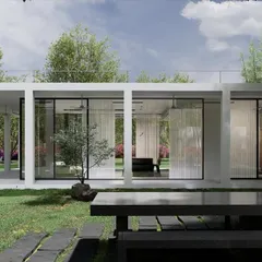 The transparent facade of the weekend retreat. The floor to ceiling glass walls dissolve the boundary between the living space and the garden, allowing the residents to feel connected to nature even when they are indoors.