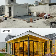 That ugly box on your roof? I turn it into this. This before and after shows a standard rooftop 'mumty' transformed into a stunning, fully-functional glass house, seamlessly integrated with a landscaped terrace.