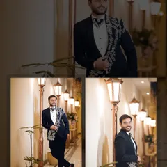A series of stylish portraits of the groom in his embellished tuxedo, looking dapper for his engagement.