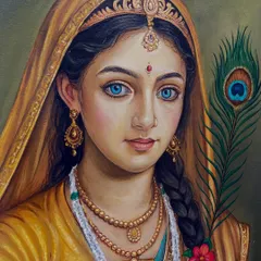 A close-up view of the Radha portrait, showing the fine brushwork on her expressive, bright blue eyes and traditional attire.