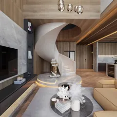 For duplexes and villas, we design statement pieces like this sculptural spiral staircase, which acts as a functional work of art, seamlessly connecting floors while elevating the home's aesthetic.