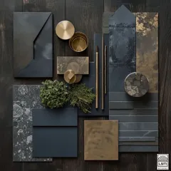 This luxury navy blue mood board shows how we combine different materials, from dark stone textures to brushed brass accents, to create a sophisticated and opulent feel.