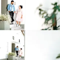 A diptych showing a couple in a bright, white-walled location. This style is perfect for a clean, airy, and contemporary pre-wedding look.