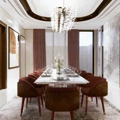 The symmetrical layout of this dining room creates a sense of balance and order. The arrangement of doors and furniture is planned to ensure a smooth, unobstructed flow of energy, making the space feel welcoming and comfortable.