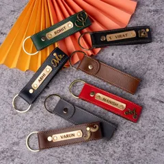 This image showcases a variety of my personalized leather keychains. You can select from different leather colors and add a name and a charm to create a unique accessory.