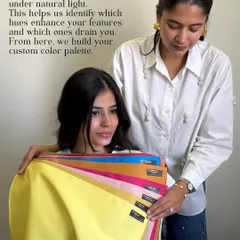 We begin with draping, testing a range of colors under natural light. This helps us identify which hues enhance your features and which ones drain you, forming the foundation of your custom color palette.
