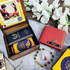 This Rakhi gift comes in a premium wooden box that can be customized with a picture on the lid. Inside, he'll find a personalized wallet, a Rudraksh rakhi, Denver perfume, and chocolate.