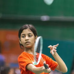 Rashi Javir in action during the Maldives Junior Open, where she secured the Silver Medal in the U11 Girls Singles category. Her focus and technique are remarkable.