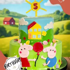 A delightful two-tier Peppa Pig cake for a 5th birthday. This cheerful design shows Peppa and George in their happy little world, complete with their house and a sunny sky.
