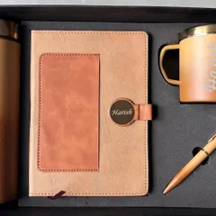 To showcase individual personalization on this style, here is the same set customized for "Harish". The name is elegantly engraved on the diary's metal clasp and the mug, adding a touch of personal recognition.