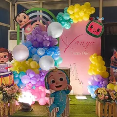 Cocomelon is a favorite, and I create vibrant, character-filled scenes that kids adore. This setup includes large cutouts of JJ and friends, a colorful balloon cascade, and a personalized backdrop, making it the perfect photo spot.