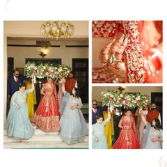 The bride's entry under the phoolon ki chadar is a beautiful tradition. This collage captures the moment she walks towards her new life, surrounded by her loved ones.
