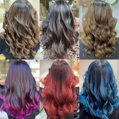 A collage showcasing the variety of hair colors I offer. From natural caramel balayage to bold purples, reds, and blues, I can help you find your perfect hair match and express your unique style.