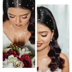 A creative split-shot showing two angles of this bride's stunning makeup. I focused on creating a soft, shimmery eye look with full lashes and a warm, rosy blush.