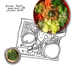 My Quinoa Heaven salad bowl, a specially curated meal made with fresh veggies, grains, and an in-house dressing. This sketch and photo combo highlights the artistry in my food.