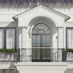 This is how I imagine a classic dreamland. We translated the client's intangible dream into this intricate neoclassical facade, giving form to their vision. The arched window, detailed ironwork, and symmetrical columns create a timeless and romantic aesthetic.