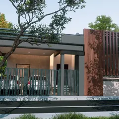 This single-story home design combines modern simplicity with practical features like a covered carport and a decorative wooden slat facade for added privacy and style.