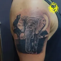 A realistic black and grey tattoo of an elephant in the savanna. This large shoulder piece captures the majestic presence of the animal in its natural habitat.