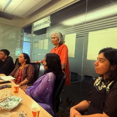A moment of intense focus during a session. You can see the participants listening and learning from Kalpana, our guest facilitator, as we explore the nuances of human psychology in storytelling.