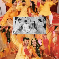A collage of joyful Haldi moments, showing the couple with their family, laughing and celebrating together.