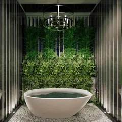 This hyper-realistic render of an outdoor bathroom demonstrates my ability to visualize serene and luxurious spaces, complete with lush greenery and atmospheric lighting.
