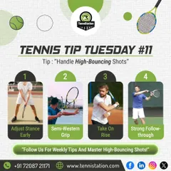 Tennis Tip: To handle high-bouncing shots, adjust your stance early, use a semi-western grip, and take the ball on the rise. A strong follow-through will give you control and power.
